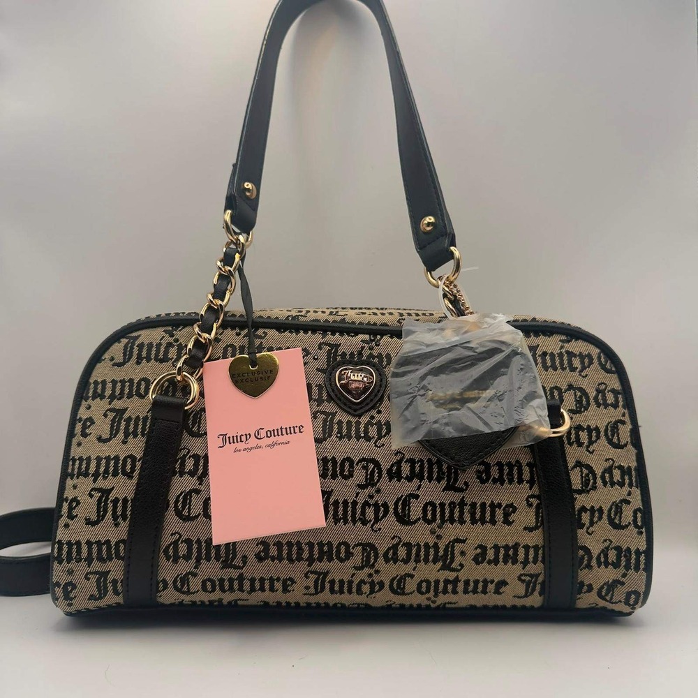 Juicy Couture Monogram Satchel Handbag Black Tan Logo Bowler Bag Crossbody NEW